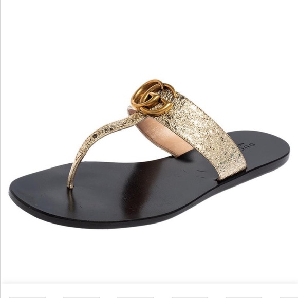 Gucci Shoes - Gucci Metallic Gold Crinkled Leather GG Marmont Thong Sandals Sz:36.5